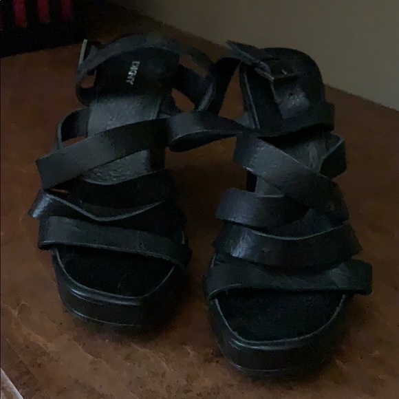 Dkny Shoes - DKNY Black Leather Wedge Sandals 7 M